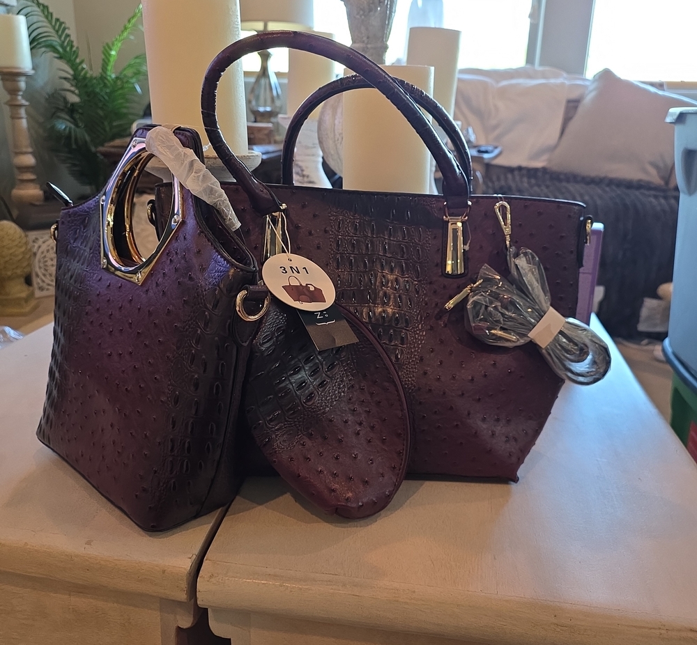 Croc-Embossed Structured Tote in Plum with Gold Hardware 3 Bags In 1